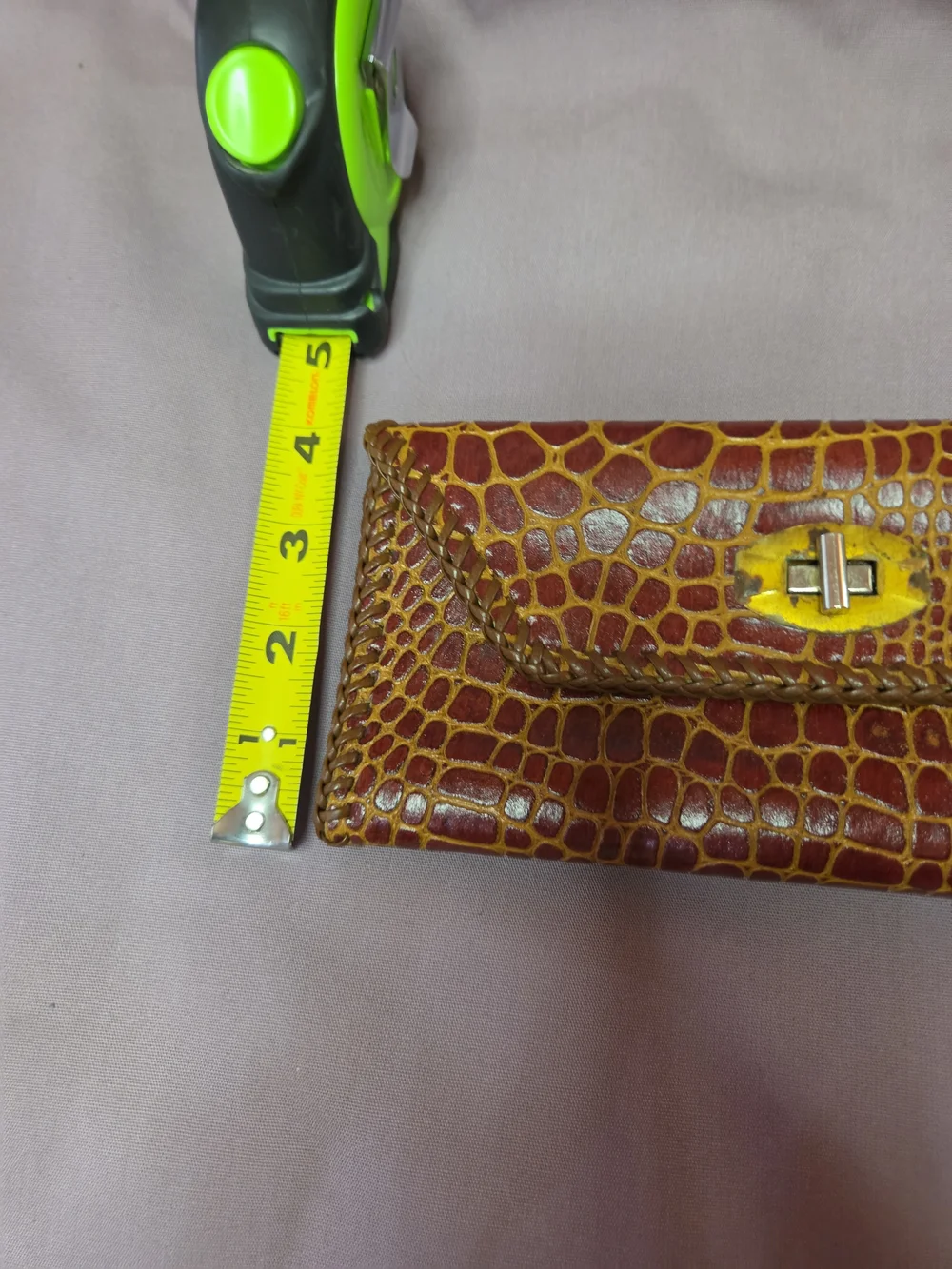 VINTAGE Croc-Embossed Brown Leather Clutch with Yellow Accent